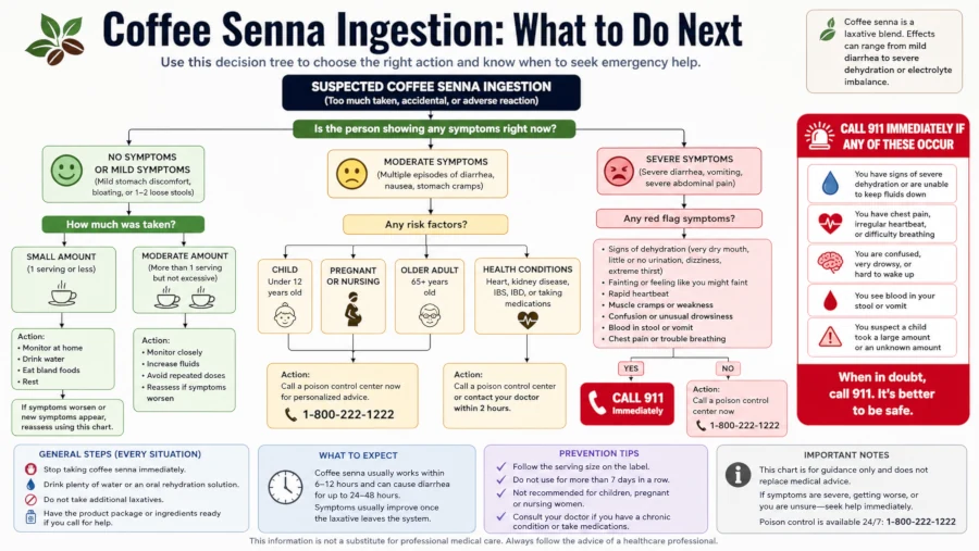 Decision tree for what to do after suspected coffee senna ingestion, including when to call 911