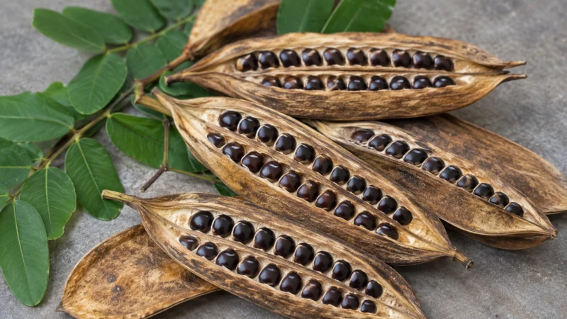 Flattened coffee senna seed pods opened to show two rows of dark seeds
