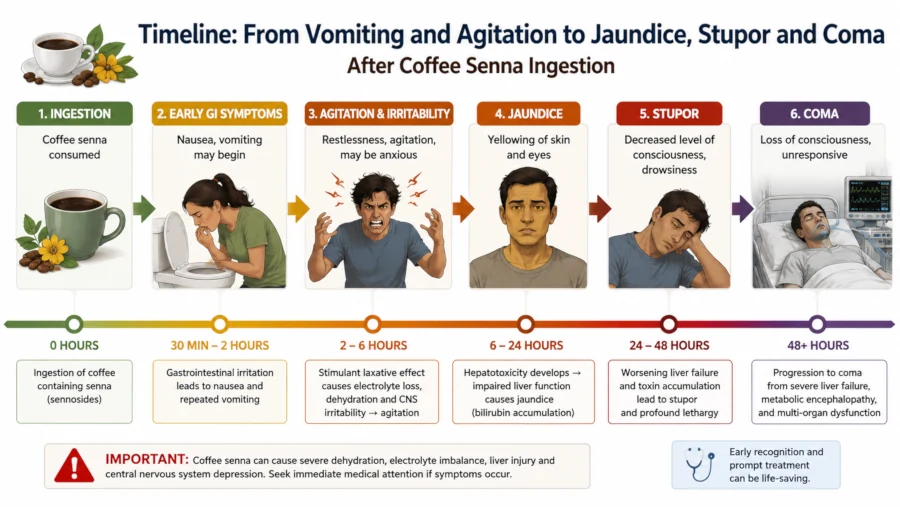 Timeline showing vomiting and agitation progressing to jaundice, stupor and coma after coffee senna ingestion