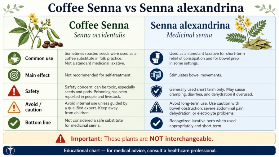 Comparison chart of coffee senna and Senna alexandrina showing differences in use and safety