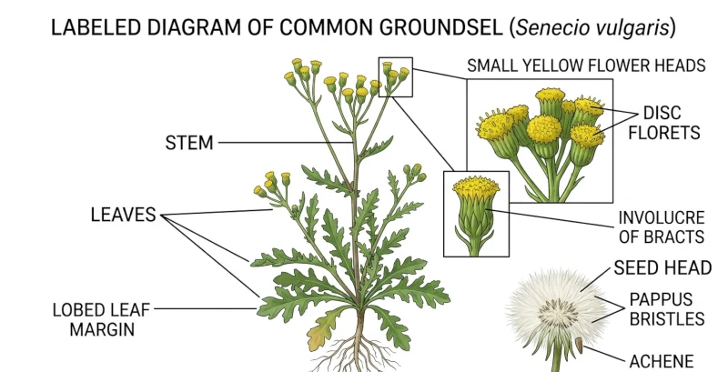 Labeled diagram showing common groundsel leaves, flower heads, bracts, and seed head.