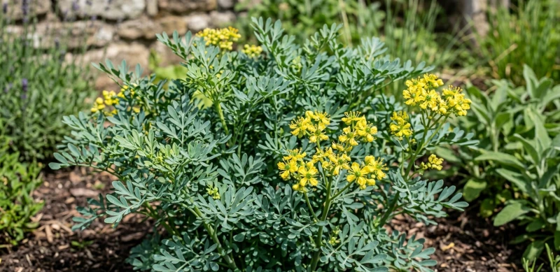 Common rue plant with blue-green leaves and yellow flowers.