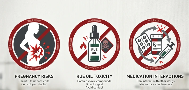 Safety warning icons for pregnancy, rue oil, and medication interactions.