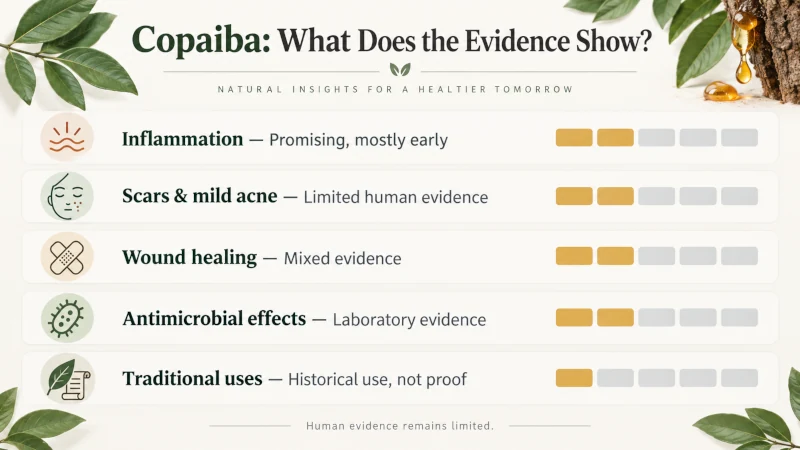 Evidence chart comparing scientific support for inflammation, scars and acne, wound healing, antimicrobial effects, and traditional copaiba uses.