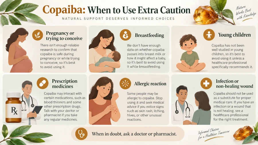 Safety infographic showing pregnancy, breastfeeding, children, medication use, allergic reactions, and serious infections as reasons for caution with copaiba.