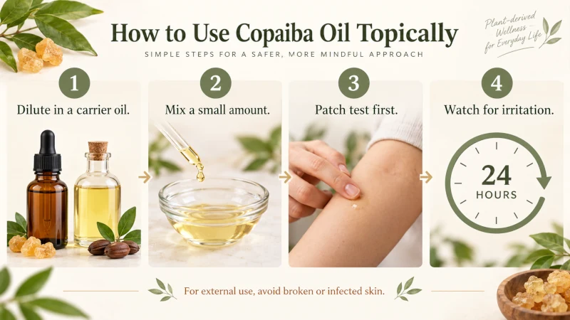 Illustrated guide showing copaiba oil diluted in carrier oil and patch-tested on intact skin.