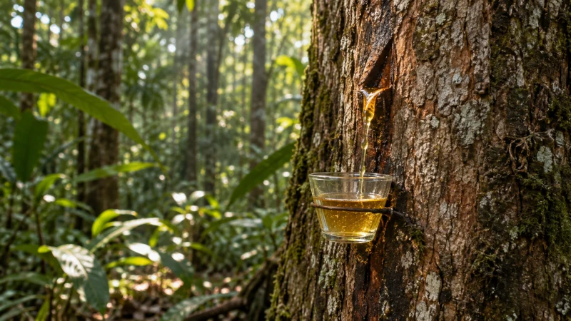 Golden copaiba oleoresin being tapped from a Copal tree trunk.