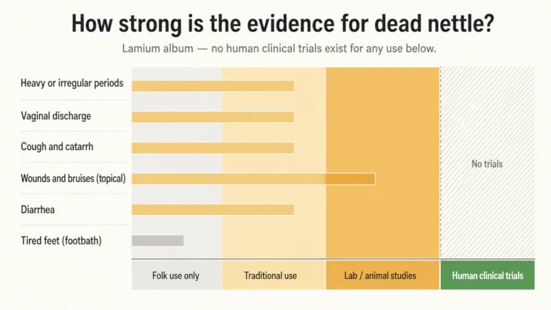 Chart grading the evidence behind six traditional dead nettle uses, all falling in the traditional-use or lab-only tiers with none supported by human trials