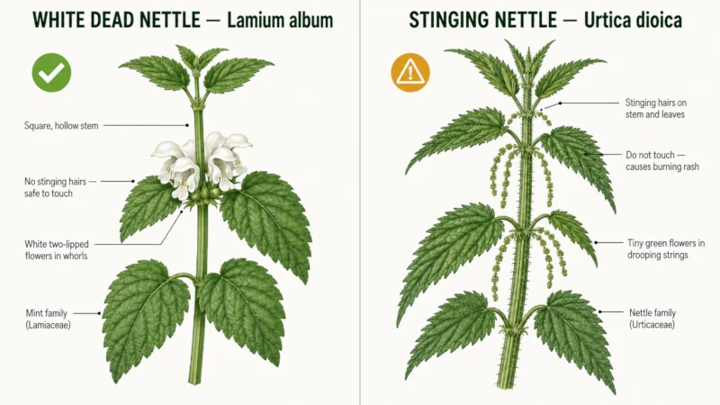 Side-by-side botanical comparison of white dead nettle plant and stinging nettle showing leaves, stems, and flowers with labeled differences