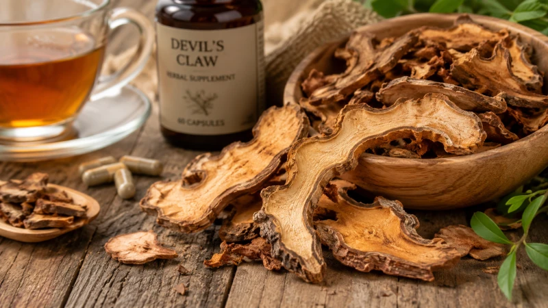 Sliced, dried devil's claw root used to make supplements and tea.