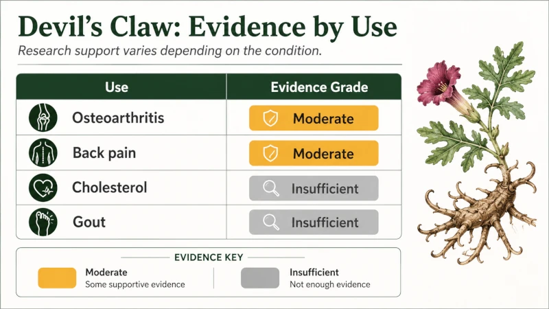 Chart grading evidence for devil's claw by use, from moderate for osteoarthritis and back pain to insufficient for cholesterol and gout.