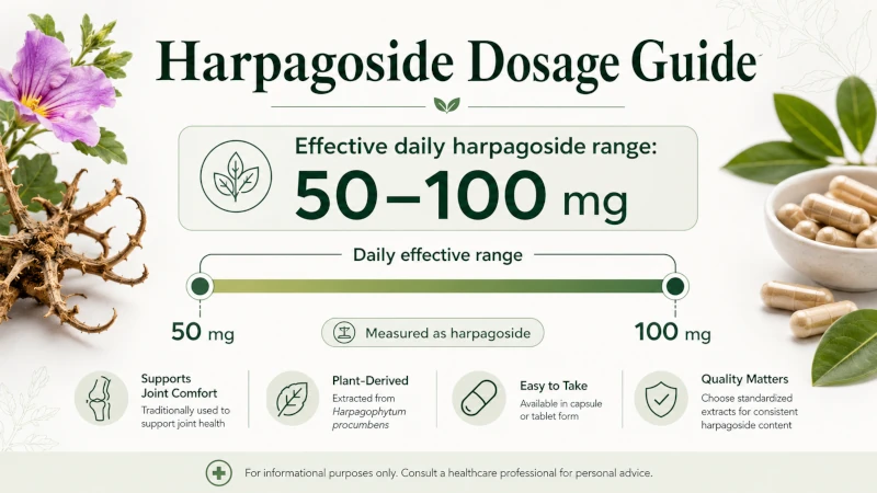 Dosage guide showing effective daily harpagoside range of 50 to 100 milligrams.