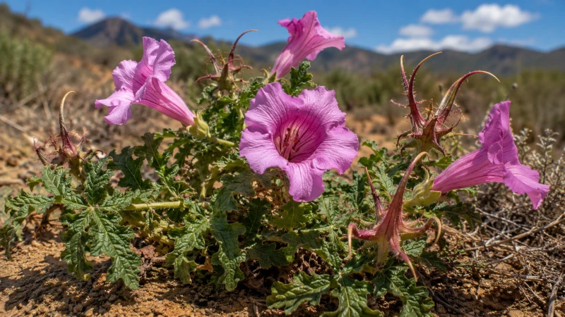 Devil's claw plant in bloom showing pink trumpet-shaped flowers.