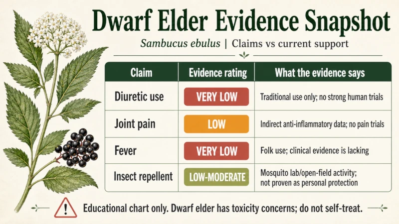 Evidence chart rating dwarf elder claims such as diuretic use, joint pain, fever, and insect repellent activity.