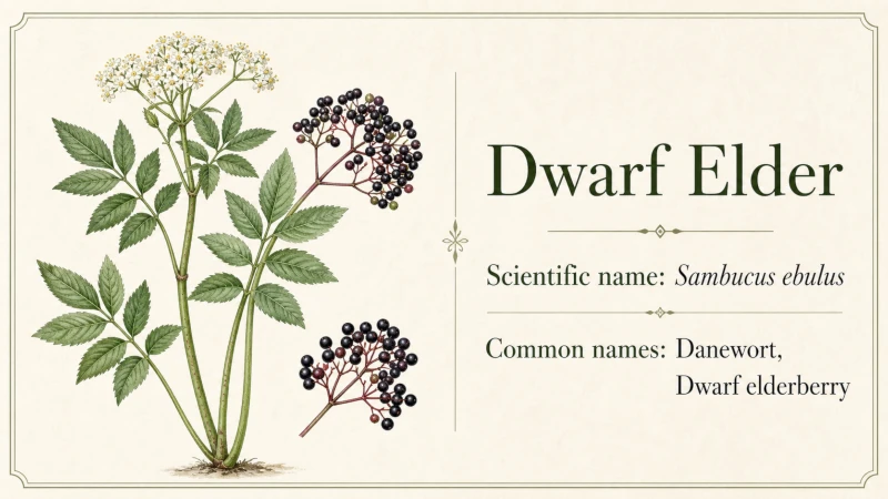 Botanical fact card for dwarf elder showing the scientific name Sambucus ebulus and common names danewort and dwarf elderberry.
