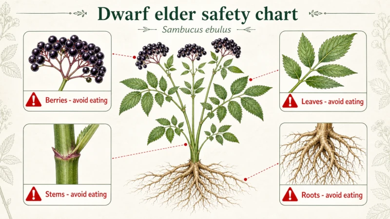 Safety chart showing dwarf elder berries, leaves, stems, and roots marked as parts to avoid eating.