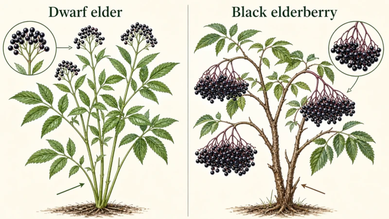 Dwarf elder and black elderberry plants shown side by side with differences in stem type and berry clusters.