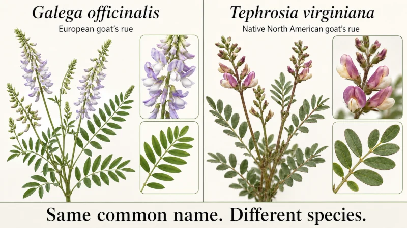 Side-by-side comparison of Galega officinalis and Tephrosia virginiana flowers and leaves