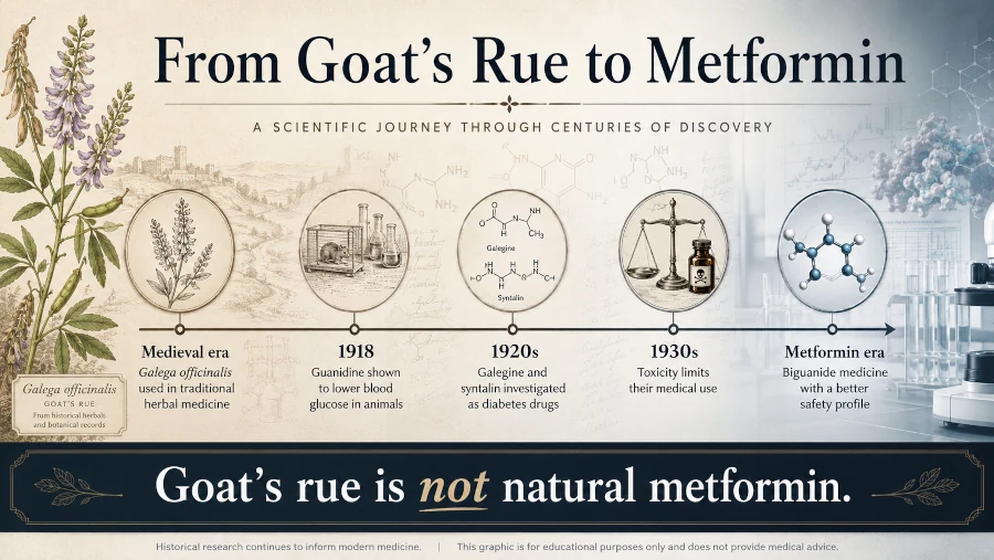 Timeline showing the historical path from Galega officinalis and galegine to the development of metformin