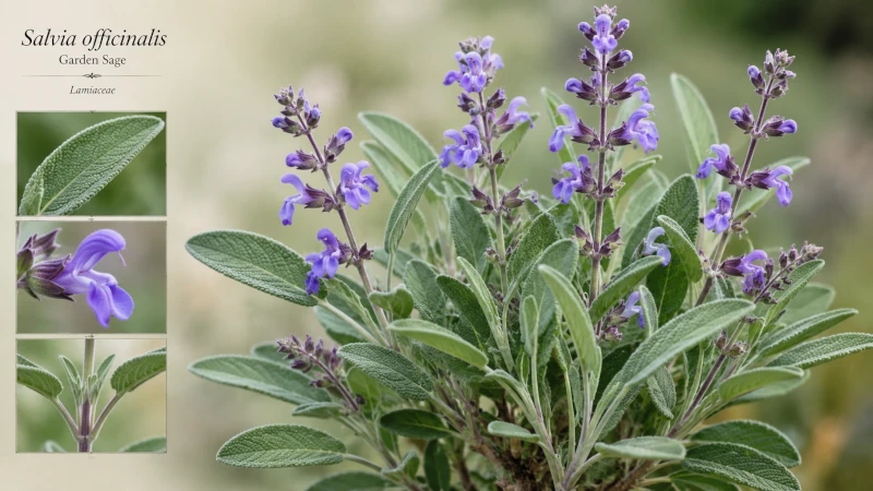 Gray-green leaves and violet flowers of the garden sage plant, Salvia officinalis.