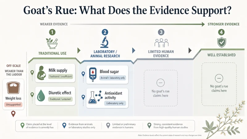 Evidence chart showing the strength of research behind common goat's rue benefit claims