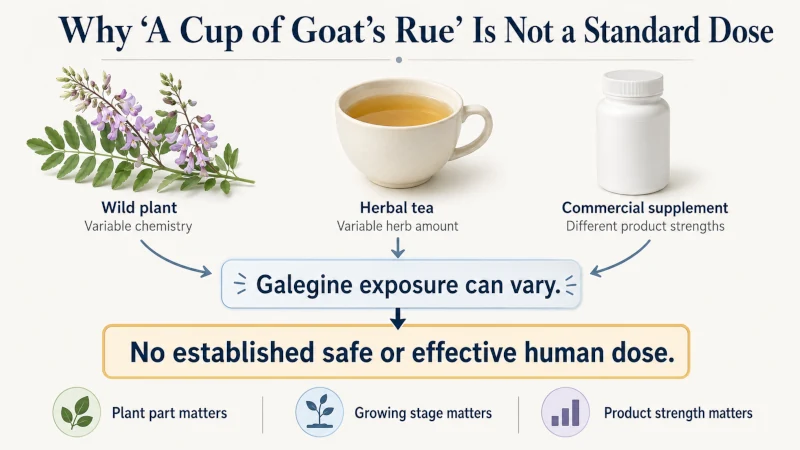 Infographic showing why goat's rue tea and supplements do not provide a standardized dose