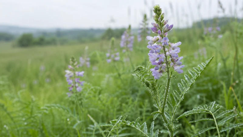 Galega officinalis in bloom showing pinnate green leaves and pale lilac pea-shaped flowers