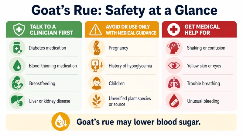 Goat's rue safety infographic showing medication interactions, people who should avoid it, and warning symptoms