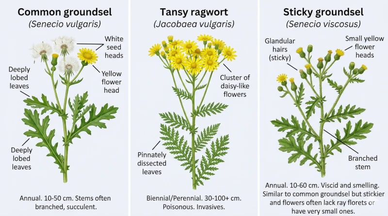 Comparison of common groundsel, tansy ragwort, and sticky groundsel.