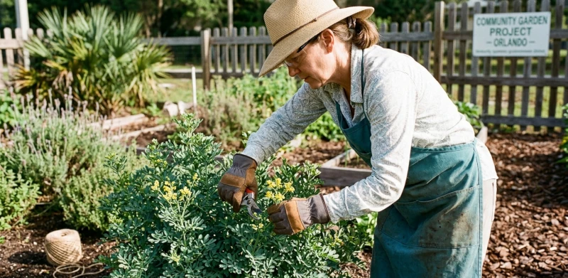Gardener wearing gloves while pruning common rue plant.