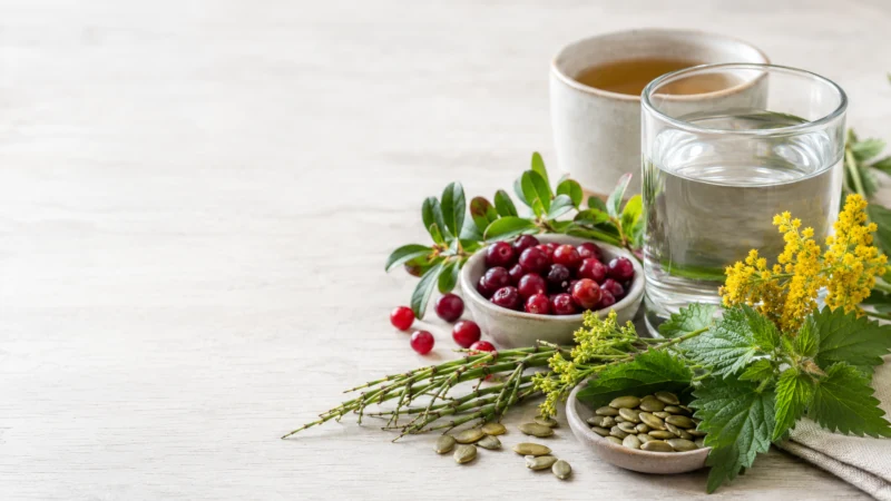 Cranberries, horsetail, goldenrod and other herbal remedies for the urinary system beside a glass of water