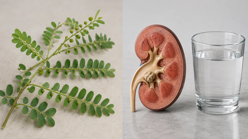 Chanca piedra plant beside a kidney stone illustration representing limited evidence for herbal kidney stone remedies