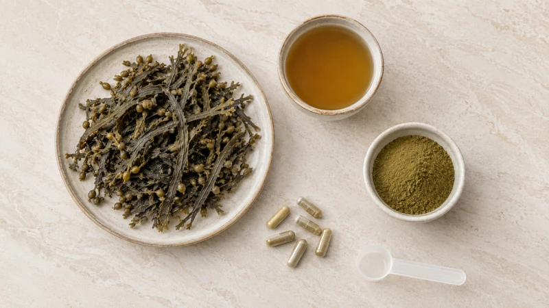 Dried bladderwrack shown as seaweed, tea, powder, and capsules