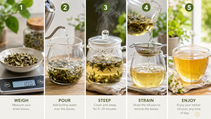 How to brew Orthosiphon tea using 2 to 3 grams of dried leaf, 150 milliliters of water, and a 15-minute steep