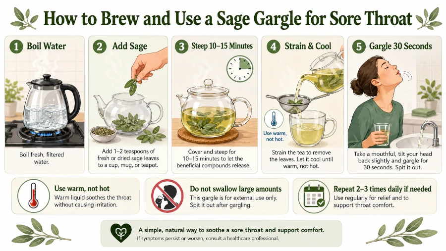 Step-by-step illustration of brewing and using a sage gargle for sore throat.