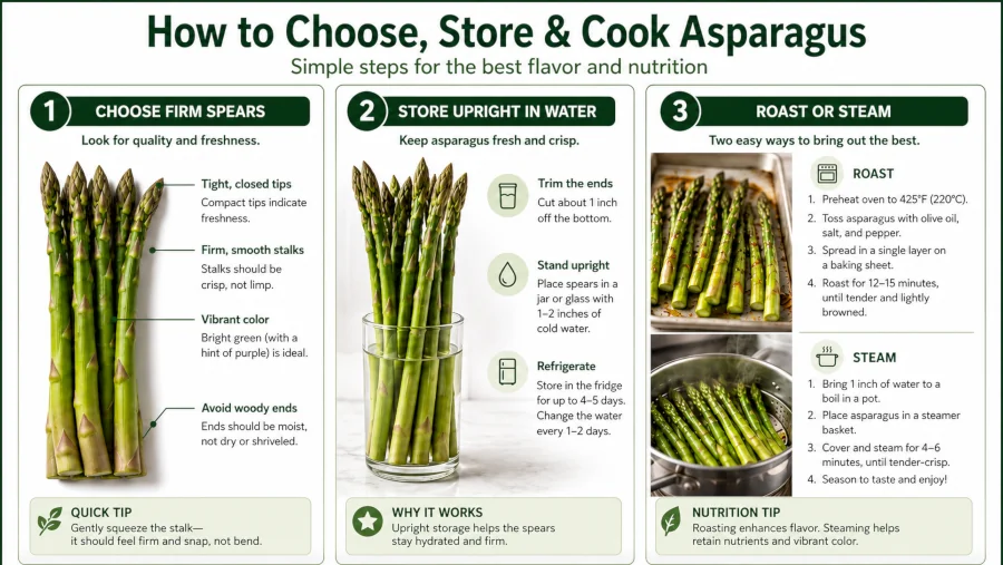 Three-step guide to choosing firm asparagus spears, storing them upright in water, and roasting or steaming.