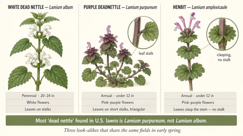 Three-way comparison of white dead nettle, purple deadnettle, and henbit showing flower color, leaf shape, and how leaves attach to the stem