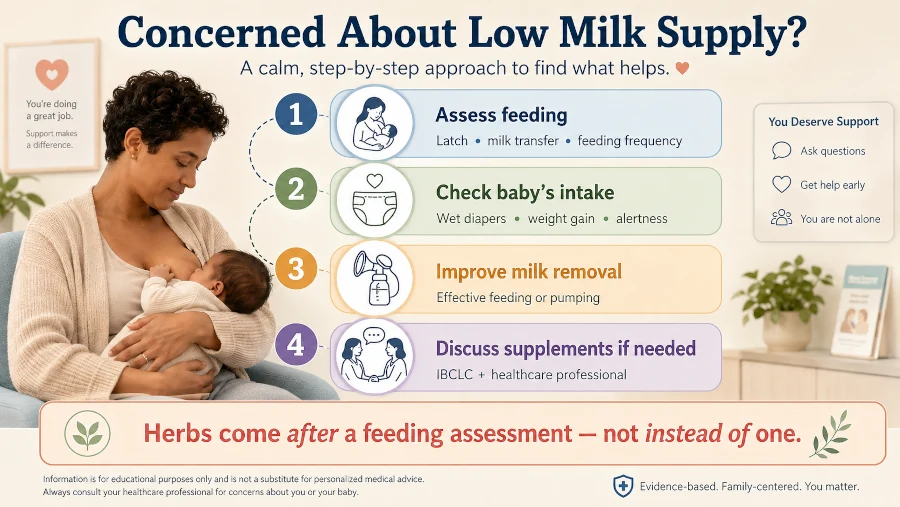 Flowchart for low milk supply starting with feeding assessment before considering herbal galactagogues