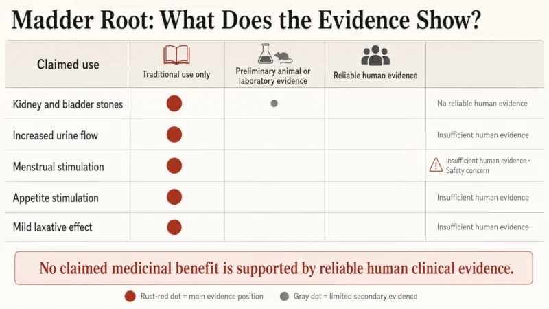 Chart grading madder's traditional uses as traditional or insufficient evidence.