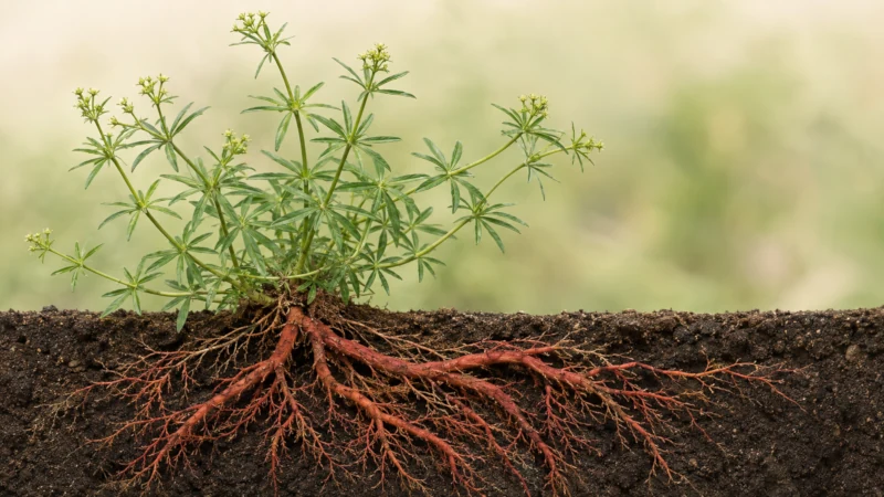 Rubia tinctorum madder plant with red-brown root exposed.