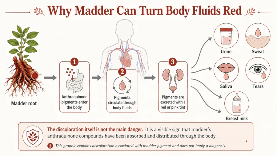 Diagram showing madder pigment excreted in urine, sweat, and tears turning them red.