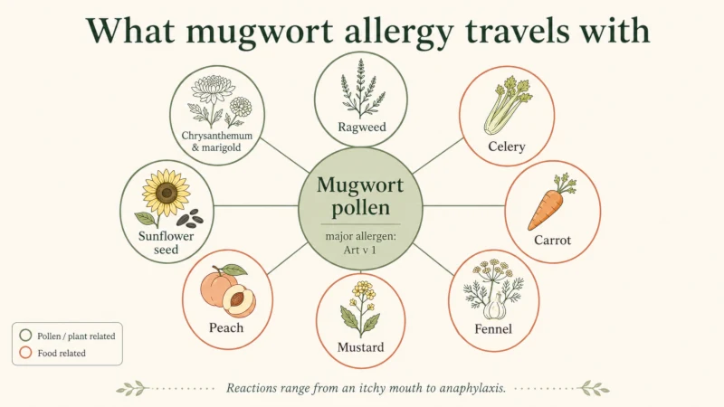 Diagram showing mugwort pollen at the center with lines connecting it to ragweed, celery, carrot, fennel, mustard, peach, and daisy-family plants