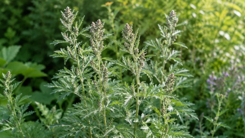 Fresh mugwort plant showing green leaves and silvery undersides