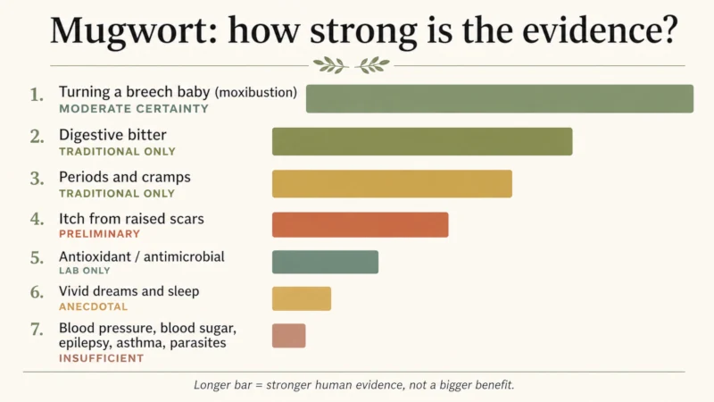 Chart ranking mugwort uses by strength of evidence, from moderate-certainty trial evidence down to insufficient evidence