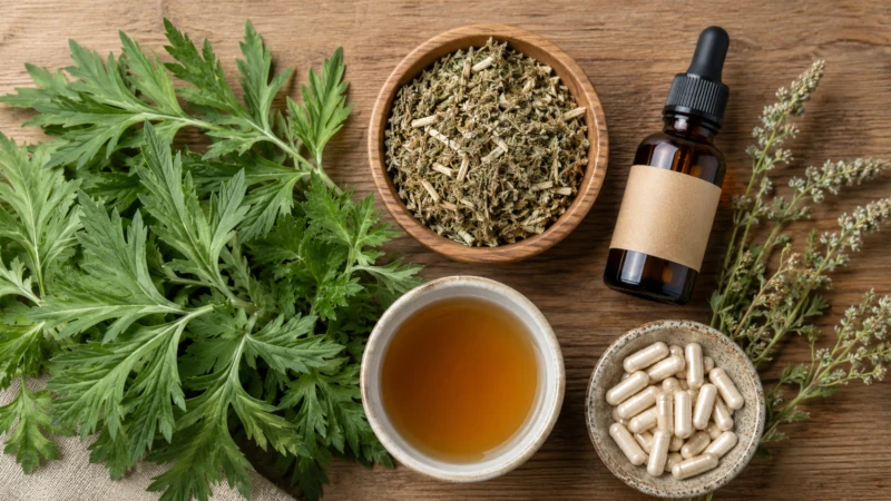 Mugwort herb shown as tea, tincture, dried herb, and capsules