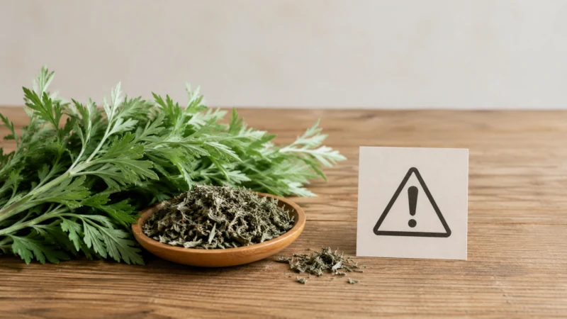 Mugwort herb with a visual reminder about safe use