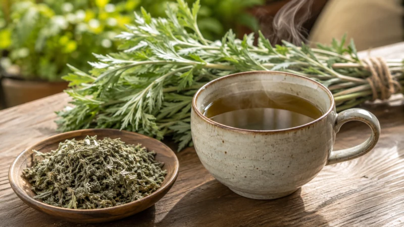 Mugwort tea prepared from dried Artemisia vulgaris leaves