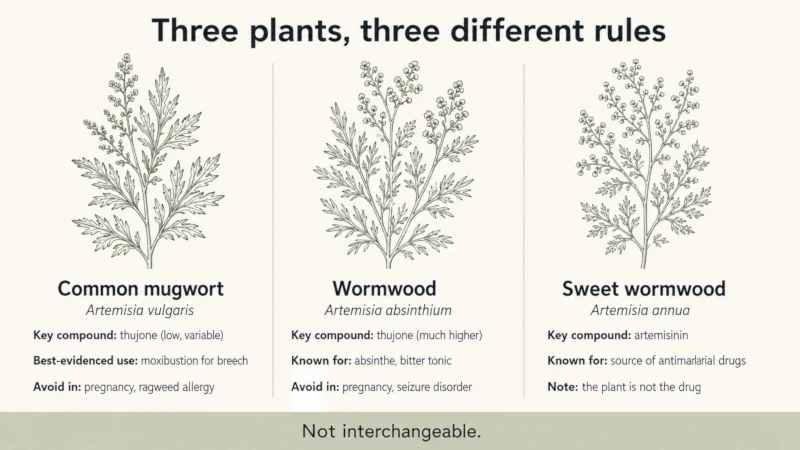 Side-by-side comparison of common mugwort, wormwood, and sweet wormwood showing botanical name, key compound, and main use for each