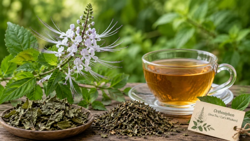Orthosiphon aristatus flowers, dried leaves, and a cup of Java tea