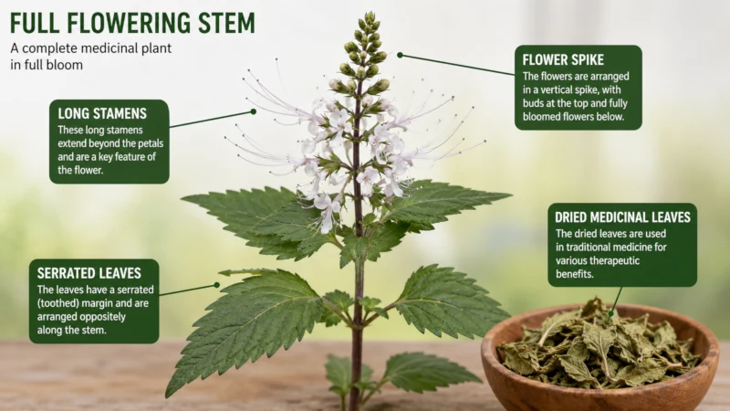 Botanical identification of Orthosiphon aristatus showing cat's-whisker flowers, serrated leaves, and dried tea leaf